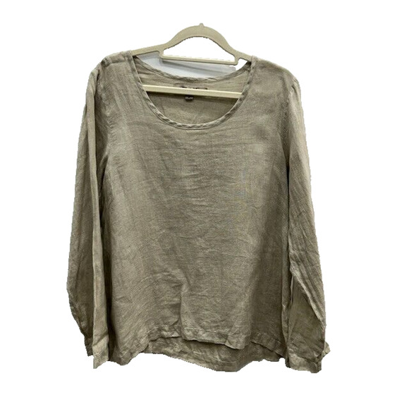 Flax Womens Lagenlook Tunic Top Long Sleeve Pullover 100% Linen Beige Size P - Picture 1 of 9